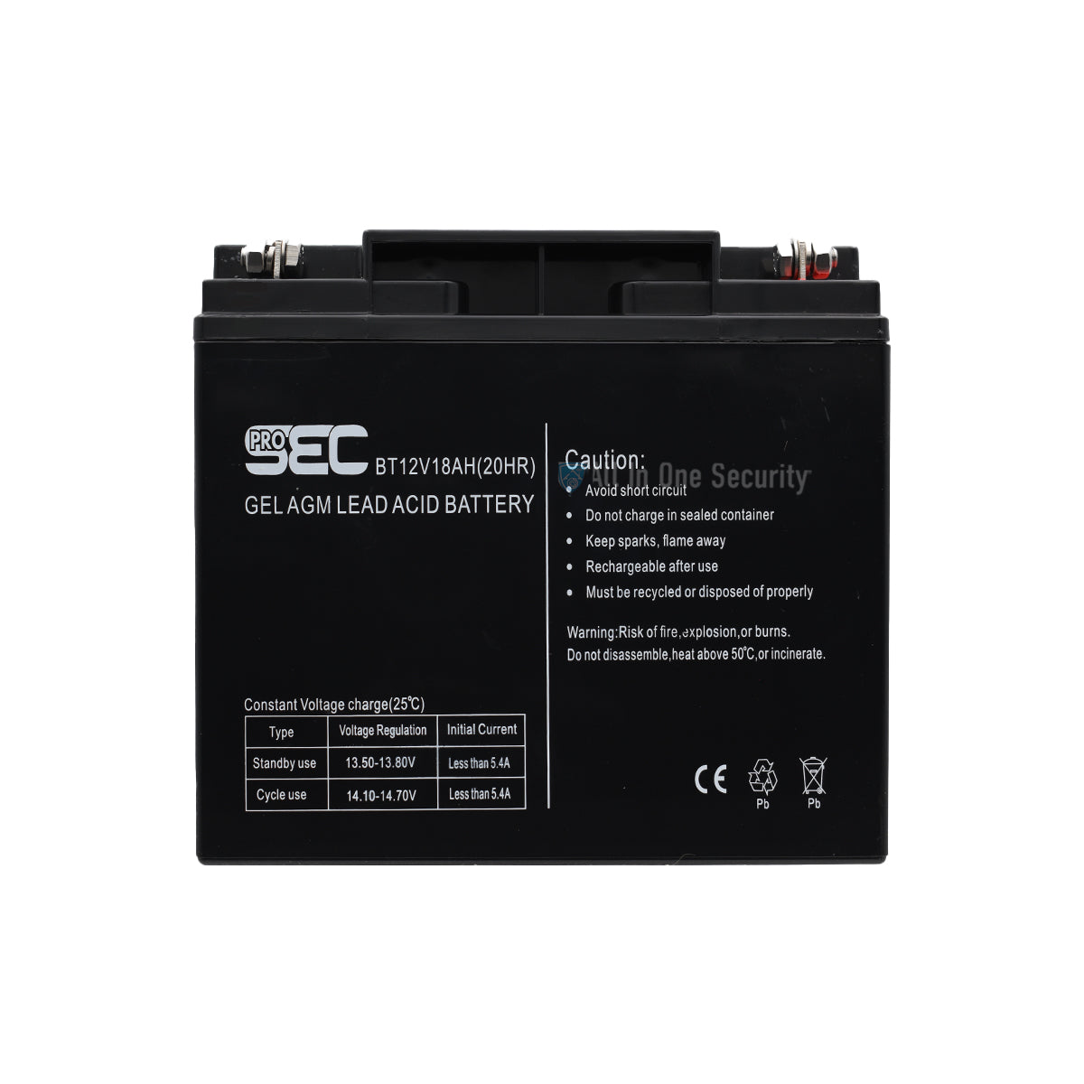 ProSec 12V 18Ah rechargeable gel AGM lead acid battery front view showing label details and safety warnings.