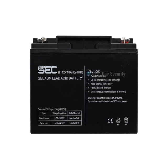 ProSec 12V 18Ah rechargeable gel AGM lead acid battery front view showing label details and safety warnings.