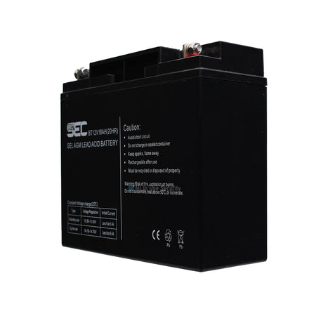 ProSec 12V 18Ah gel AGM lead-acid rechargeable battery, black casing, left angle view for solar and UPS systems