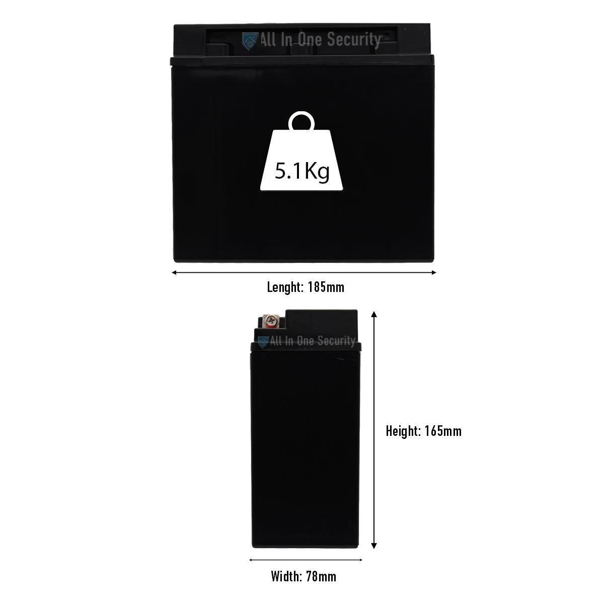 ProSec 12V 18Ah sealed lead acid battery dimensions showing 185mm length, 78mm width, 165mm height, and 5.1kg weight