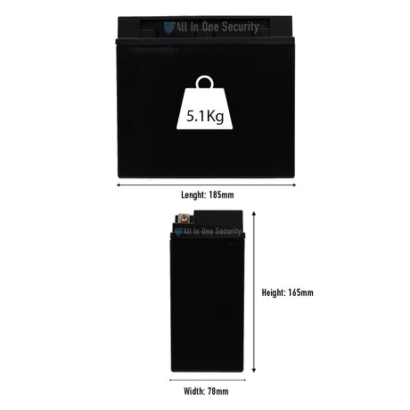 ProSec 12V 18Ah sealed lead acid battery dimensions showing 185mm length, 78mm width, 165mm height, and 5.1kg weight