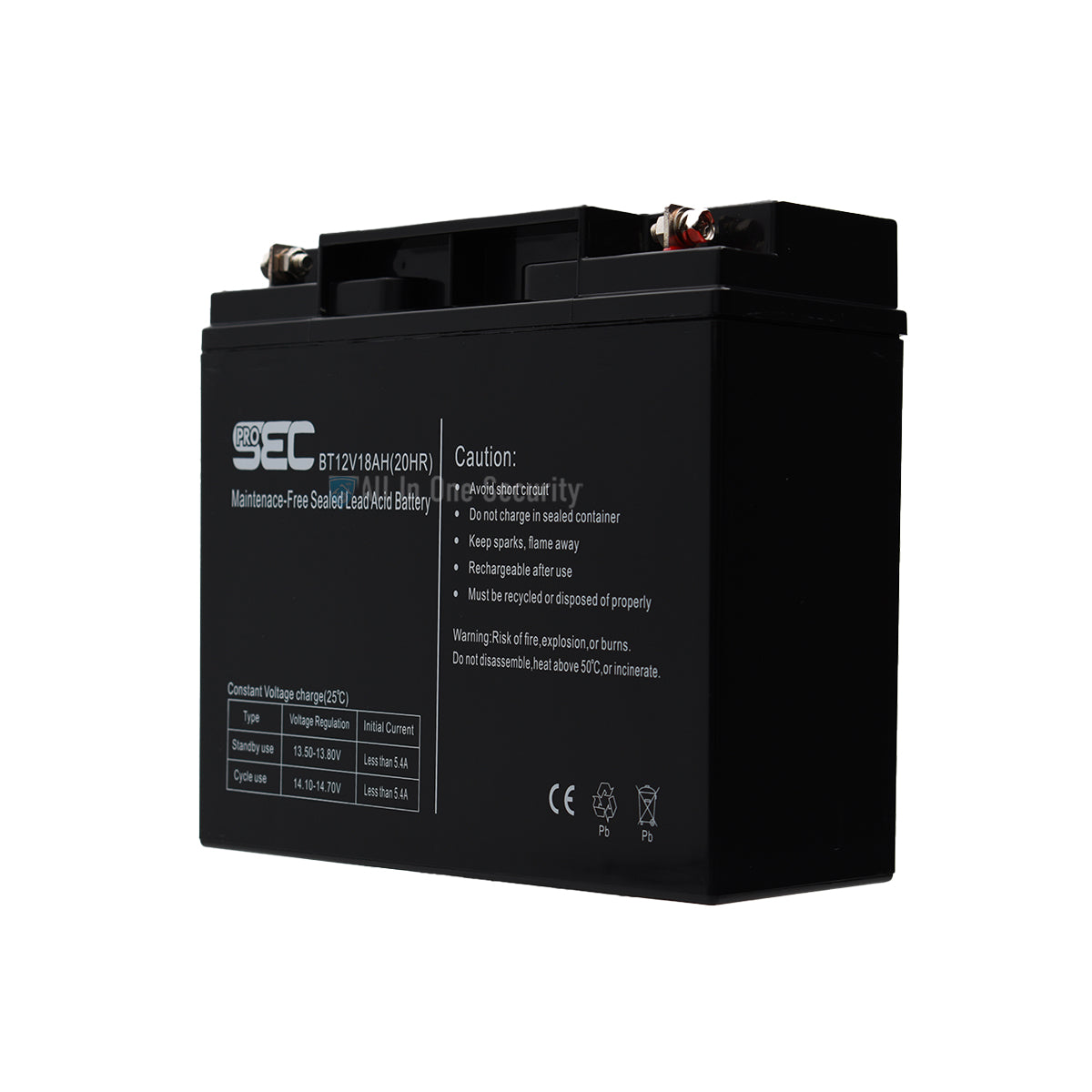 ProSec 12V 18Ah front left sealed lead acid battery, black casing, rechargeable backup power supply