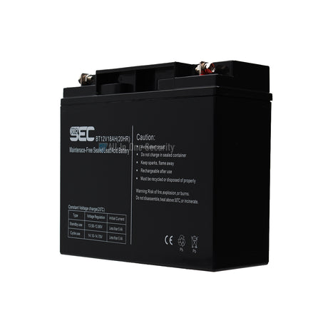 ProSec 12V 18Ah front left sealed lead acid battery, black casing, rechargeable backup power supply