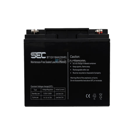 ProSec 12V 18Ah maintenance-free sealed lead acid battery, rechargeable power supply front view