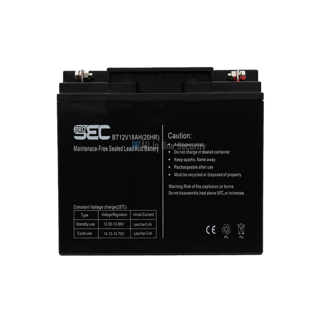 ProSec 12V 18Ah maintenance-free sealed lead acid battery, rechargeable power supply front view