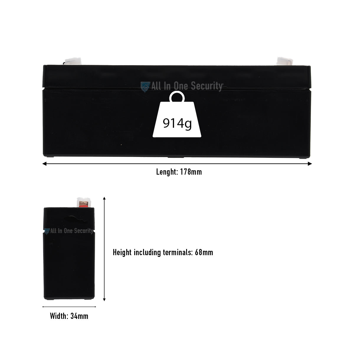 ProSec 12V 2.3Ah rechargeable SLA battery dimensions showing 178mm length, 34mm width, 68mm height, and 914g weight