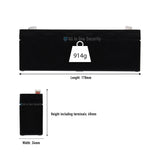 ProSec 12V 2.3Ah rechargeable SLA battery dimensions showing 178mm length, 34mm width, 68mm height, and 914g weight