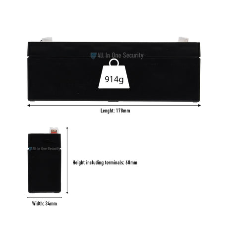 ProSec 12V 2.3Ah rechargeable SLA battery dimensions showing 178mm length, 34mm width, 68mm height, and 914g weight