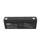 ProSec 12V 2.3Ah sealed lead acid rechargeable battery front top angle view showing label, terminals, and safety details