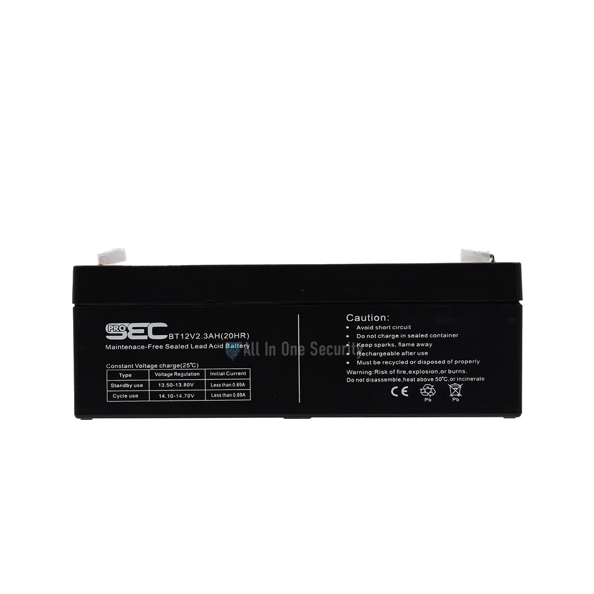 ProSec 12V 2.3Ah sealed lead acid rechargeable battery front view showing label details and safety warnings