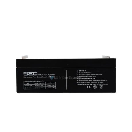 ProSec 12V 2.3Ah sealed lead acid rechargeable battery front view showing label details and safety warnings
