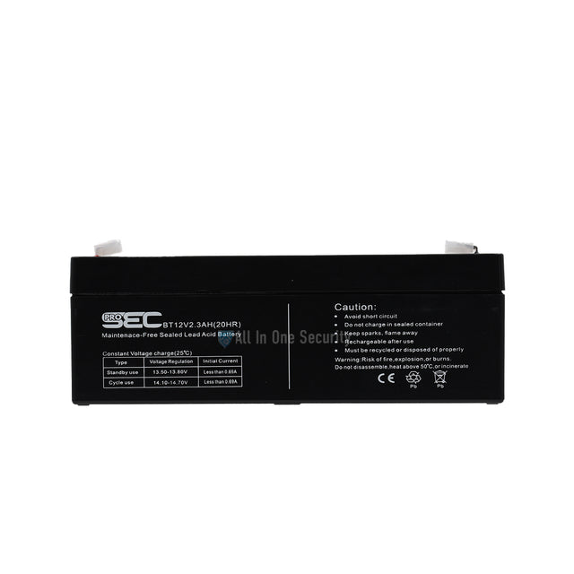 ProSec 12V 2.3Ah sealed lead acid rechargeable battery front view showing label details and safety warnings