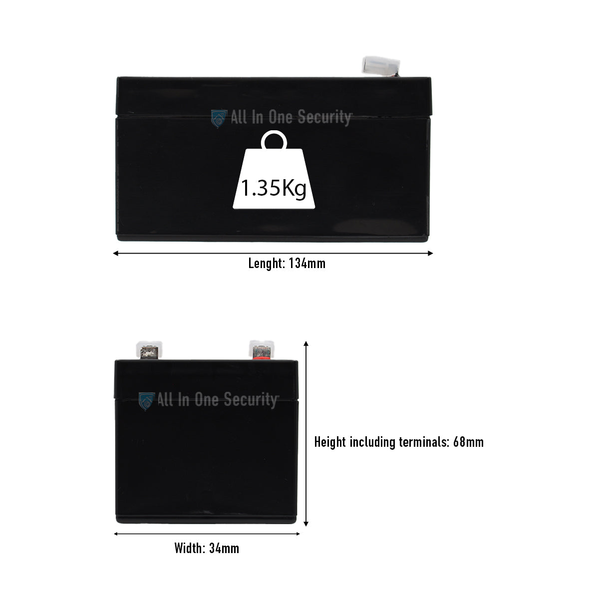 ProSec 12V 3.5Ah sealed lead acid battery dimensions showing length 134mm, width 34mm, height 68mm, weight 1.35kg