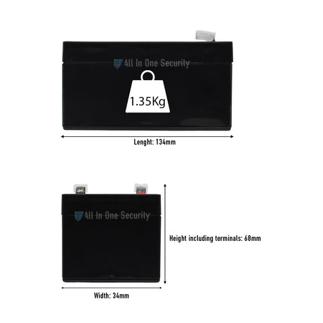 ProSec 12V 3.5Ah sealed lead acid battery dimensions showing length 134mm, width 34mm, height 68mm, weight 1.35kg