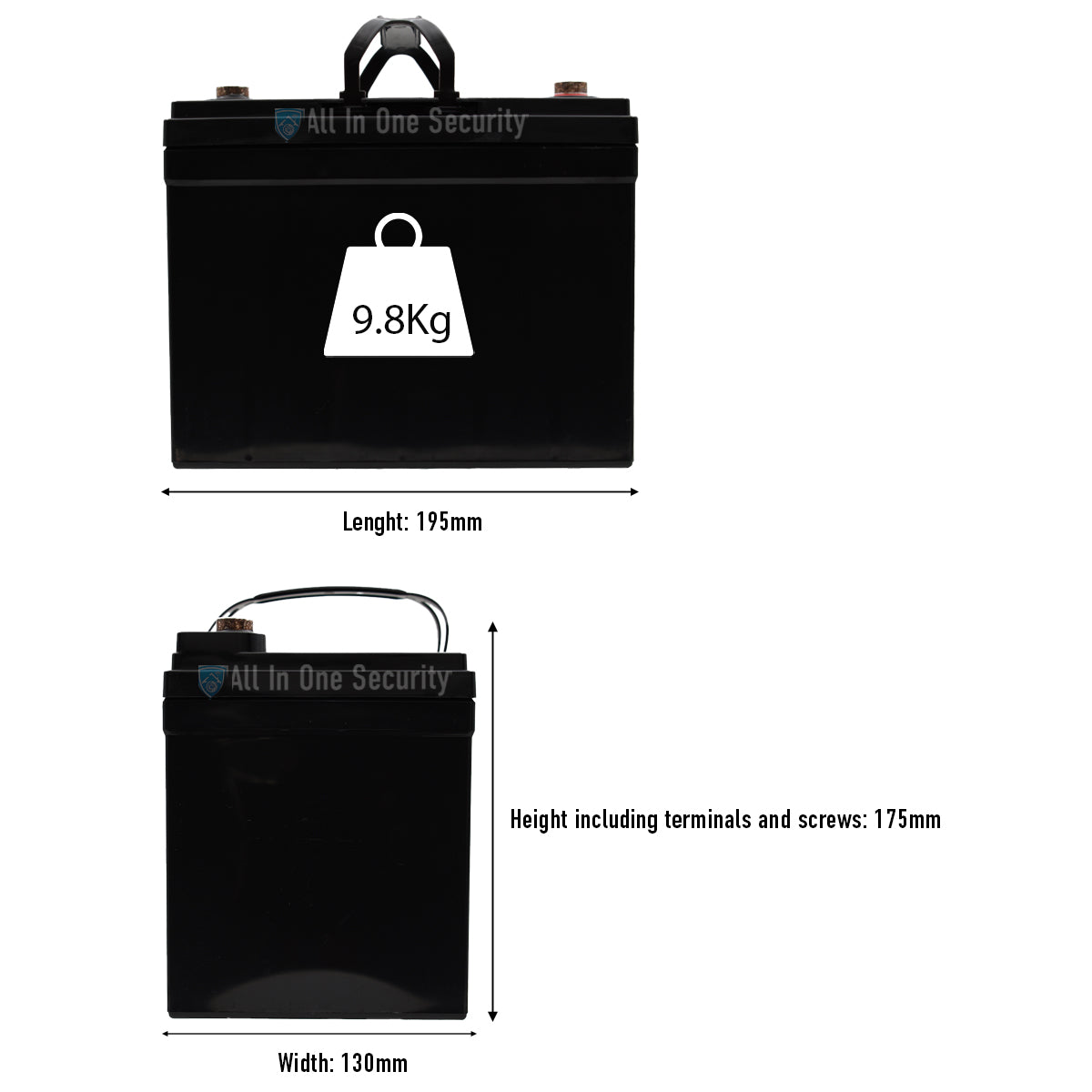 ProSec 12V 33AH SLA battery with dimensions: 195mm length, 130mm width, 175mm height, and weight of 9.8kg