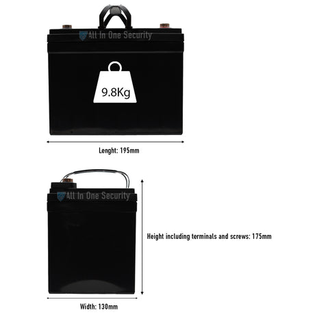 ProSec 12V 33AH SLA battery with dimensions: 195mm length, 130mm width, 175mm height, and weight of 9.8kg