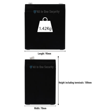ProSec 12V 4.5Ah rechargeable SLA battery dimensions showing 90mm length, 70mm width, 108mm height, and 1.42kg weight