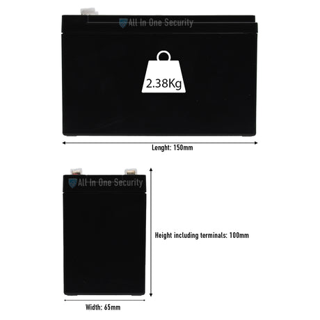 ProSec 12V 8Ah rechargeable gel battery dimensions diagram showing 150mm length, 65mm width, 100mm height, 2.38kg weight