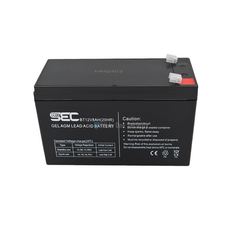 ProSec 12V 8Ah rechargeable GEL AGM lead acid battery front top angle view, compact maintenance-free backup power source.
