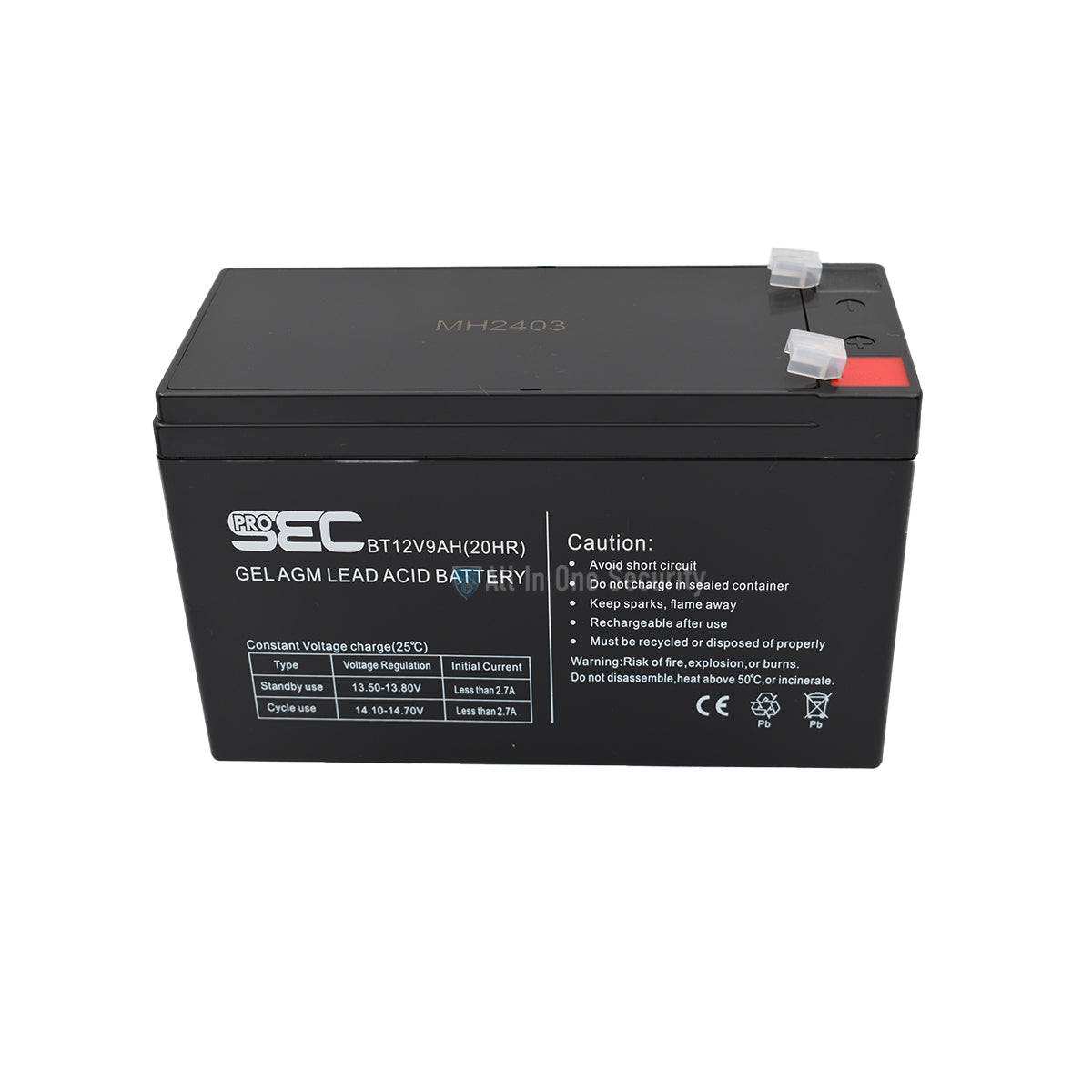 ProSec 12V 9Ah GEL AGM lead acid battery, black maintenance-free rechargeable power unit front top angle view.