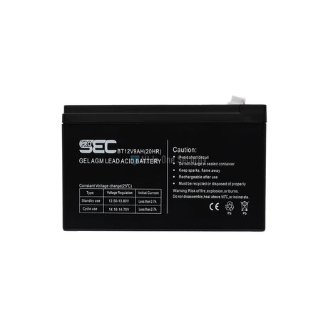 ProSec 12V 9Ah GEL AGM lead acid battery front view, maintenance-free rechargeable power source for backup systems