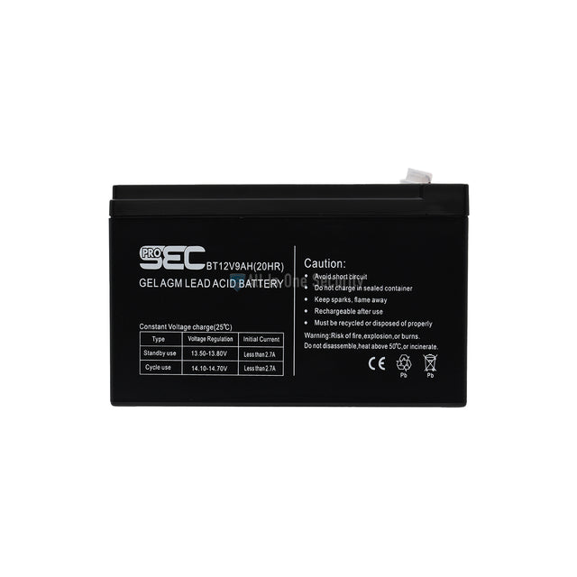 ProSec 12V 9Ah GEL AGM lead acid battery front view, maintenance-free rechargeable power source for backup systems