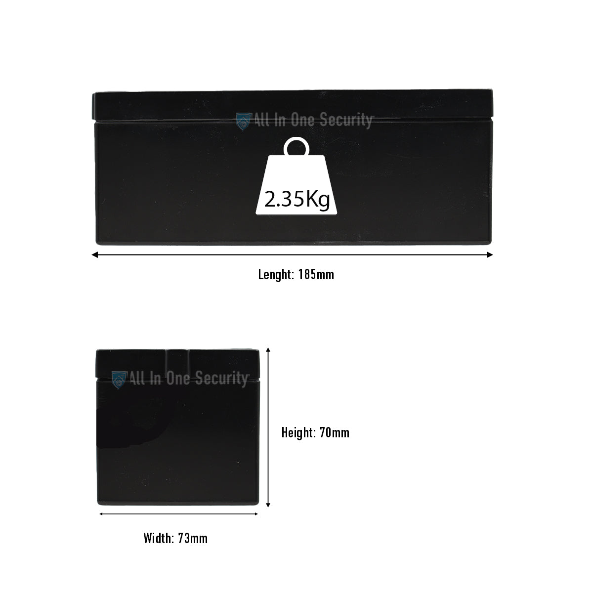 ProSec 24V 3.5Ah rechargeable SLA battery with 2.35kg weight, showing dimensions of 185mm length, 73mm width, and 170mm height