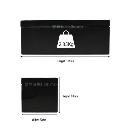 ProSec 24V 3.5Ah rechargeable SLA battery with 2.35kg weight, showing dimensions of 185mm length, 73mm width, and 170mm height
