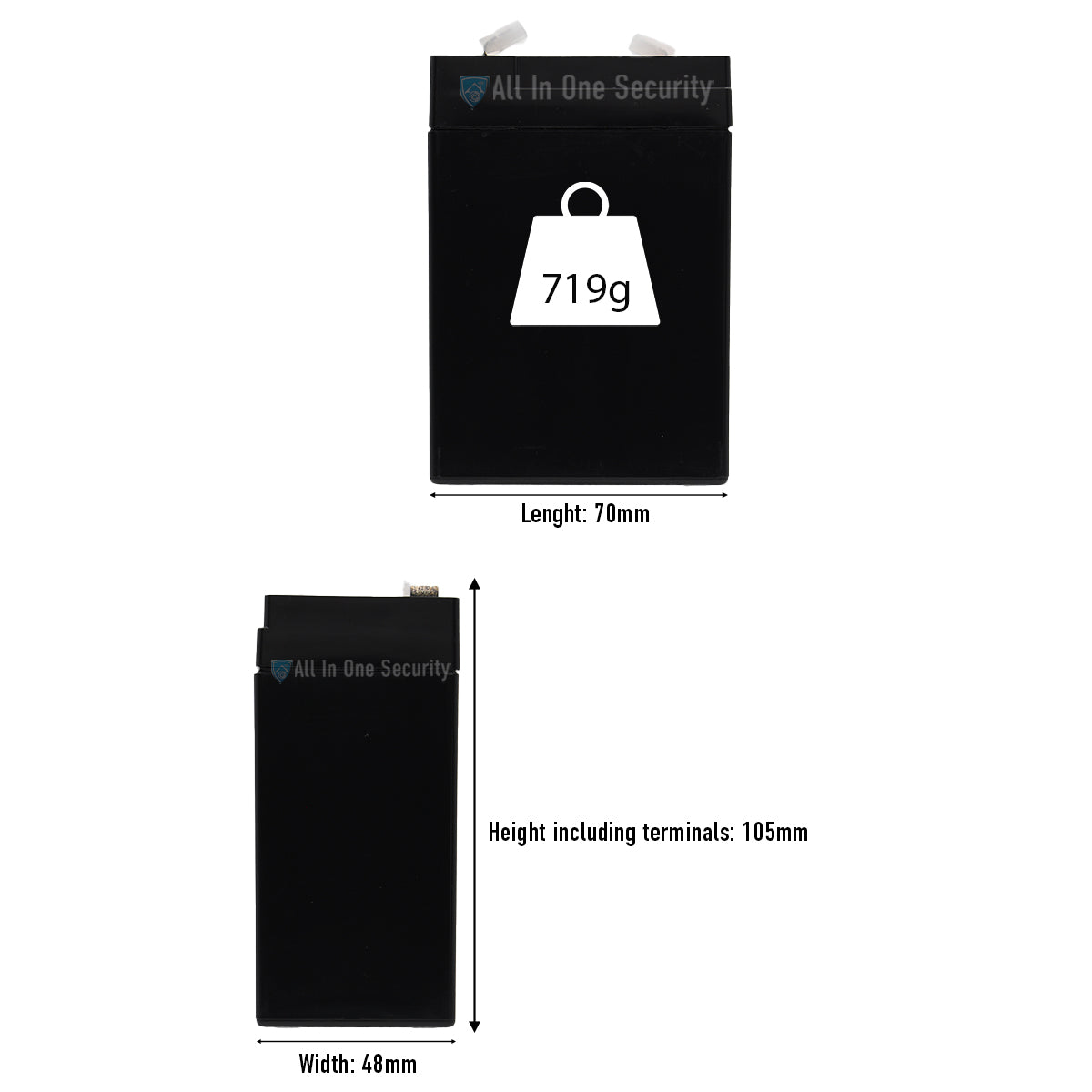 ProSec 6V 4.5Ah rechargeable SLA battery with dimensions 70mm x 48mm x 105mm and weight 719g.
