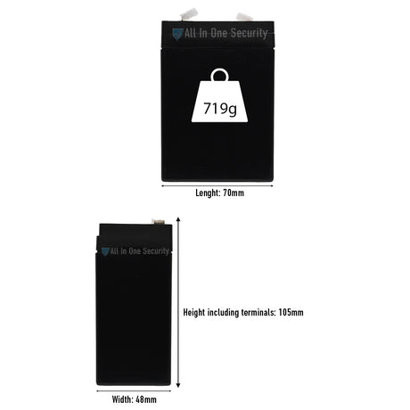 ProSec 6V 4.5Ah rechargeable SLA battery with dimensions 70mm x 48mm x 105mm and weight 719g.