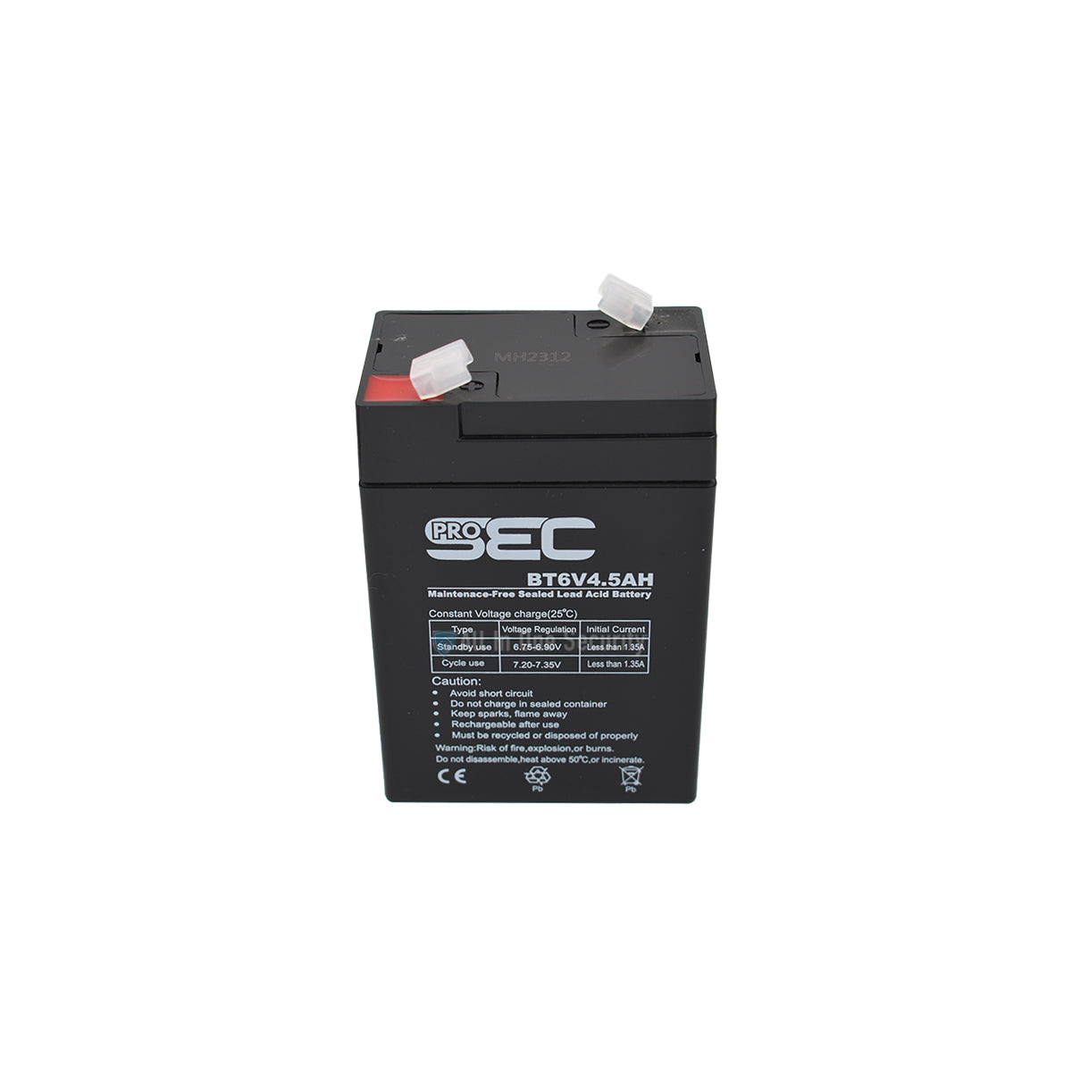 ProSec 6V 4.5Ah sealed lead acid rechargeable battery front top angle view showing terminals and product specifications