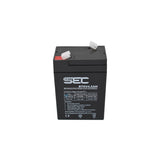 ProSec 6V 4.5Ah sealed lead acid rechargeable battery front top angle view showing terminals and product specifications