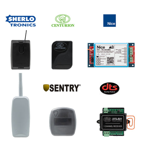 Collection of gate and garage door receivers from Sherlotronics, Centurion, Nice, Sentry, and DTS Security Products.