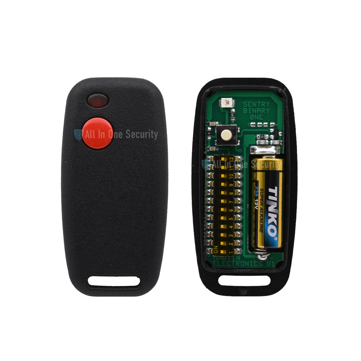 Sentry 1 button binary remote 403Mhz inside view, showing circuit board and battery for secure gate and garage automation control.