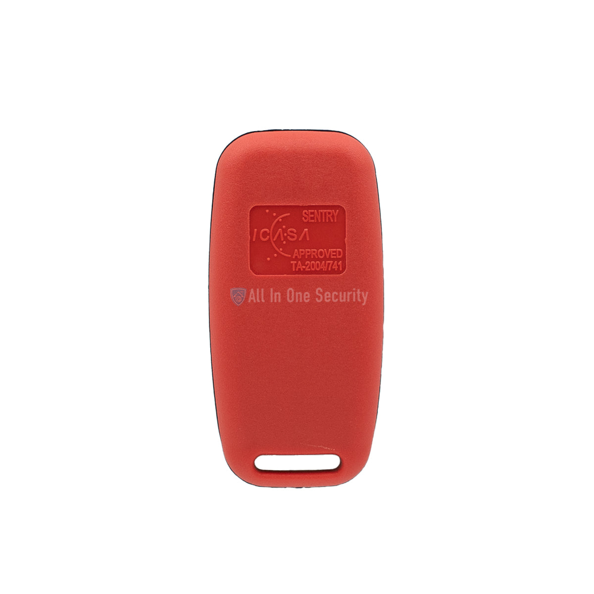 Sentry 1 button French remote back view in red with ICASA approval marking, designed for 403MHz gate and garage automation.