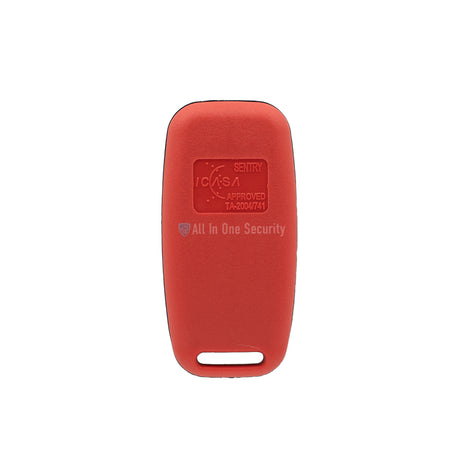 Sentry 1 button French remote back view in red with ICASA approval marking, designed for 403MHz gate and garage automation.