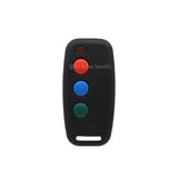 Front view of Sentry 3 button binary remote 403MHz with red, blue, and green buttons for gate or garage door automation systems.