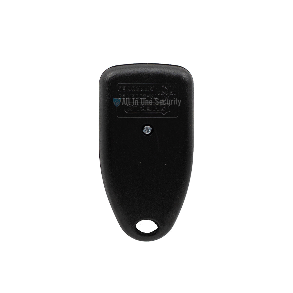 Back view of Sherlotronics 1-button remote transmitter, 403 MHz.