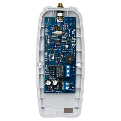 Sherlotronics 1-Channel 500m Range Receiver PCB with learn, erase, and switch options for remote control systems.