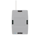 Sherlotronics 1 channel indoor transmitter S1 back view with white casing and antenna, compact design for easy mounting.
