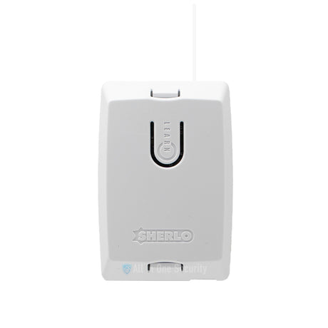 Sherlotronics 1 channel indoor transmitter S1 front view with white casing, learn button, and compact security design