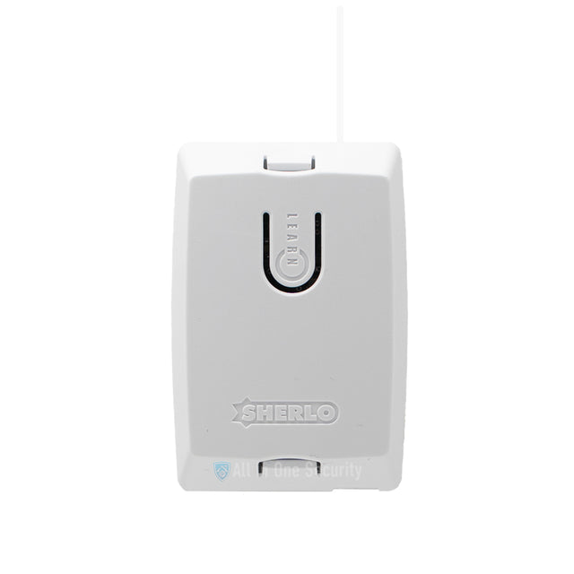 Sherlotronics 1 channel indoor transmitter S1 front view with white casing, learn button, and compact security design