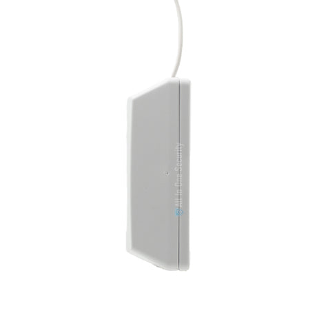 Sherlotronics 1 channel indoor transmitter S1 side view with slim white casing and antenna wire for compact installation