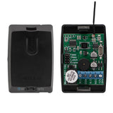 Sherlotronics 1 channel receiver 403MHz inside view showing circuit board, wiring terminals, and black housing cover