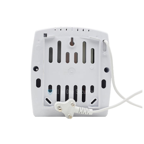 Back view with wall-mount slots, ventilation design, and AC input cable.