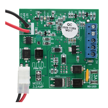 Sherlotronics 12V 3.2A battery backup power supply PCB view showing circuit board, wiring, and electronic components.