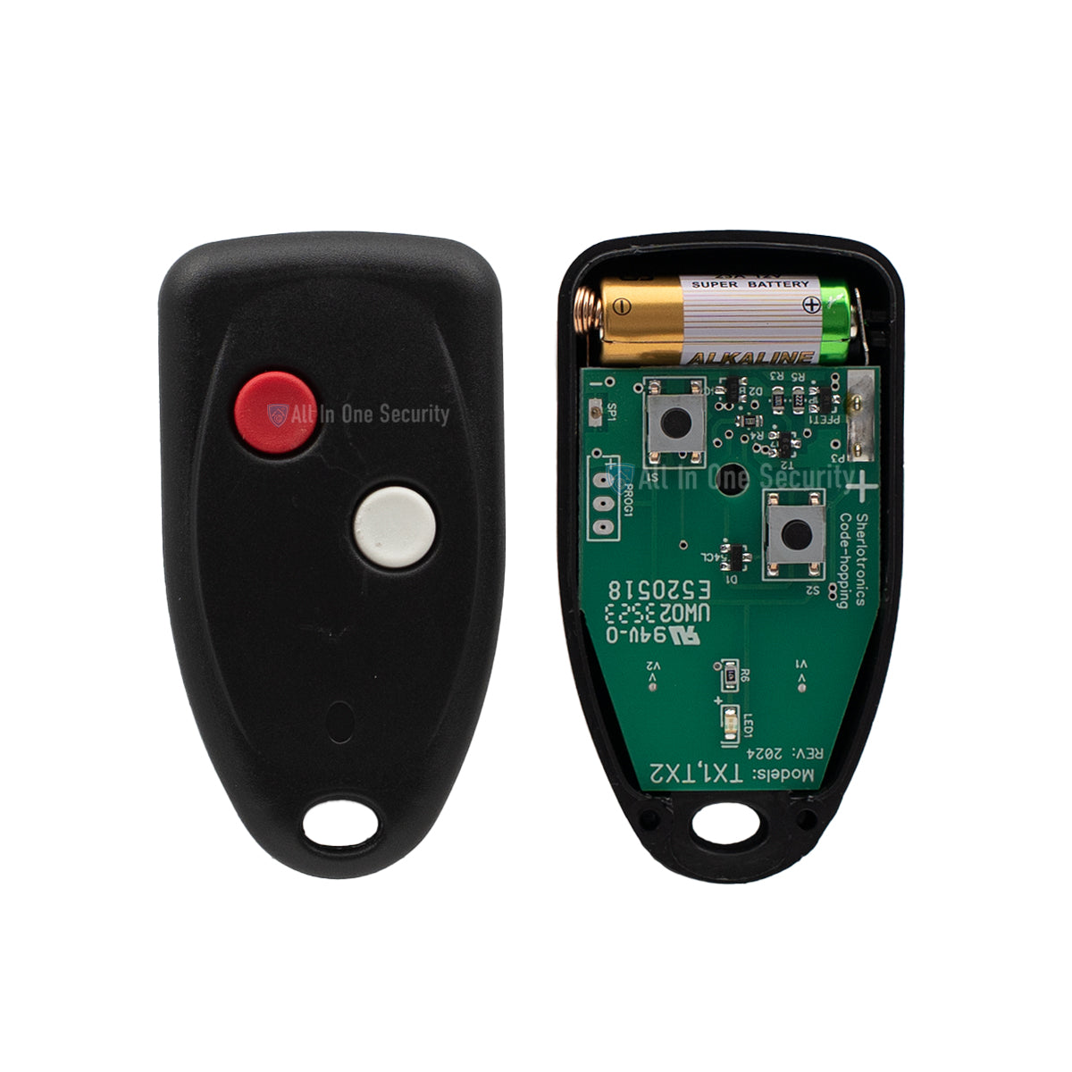 Inside of a Sherlotronics 2-button remote transmitter, 403 MHz.