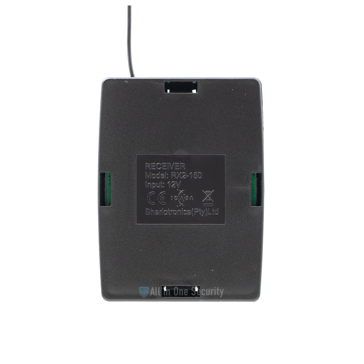 "Sherlotronics 2 channel receiver 403MHz back view showing model RX2-150 label, 12V input, and certification markings