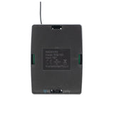 "Sherlotronics 2 channel receiver 403MHz back view showing model RX2-150 label, 12V input, and certification markings