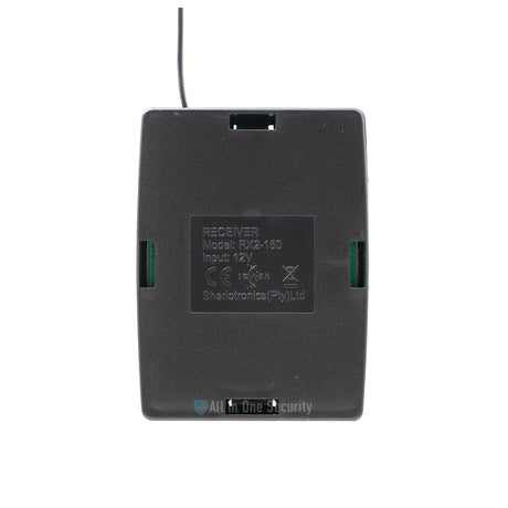 "Sherlotronics 2 channel receiver 403MHz back view showing model RX2-150 label, 12V input, and certification markings